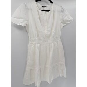 PrettyGarden Mini Dress‎ Smocked Waist Modern Women Size L White Cotton Lyocell